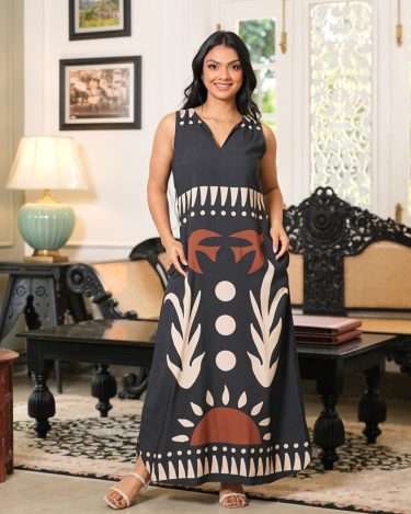 Sleeveless Split-Neck Maxi with Contrast Border Prints