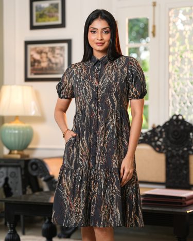 Abstract Patterned Puff Sleeve Short Dress