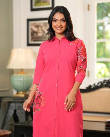 Button-Down Short Shirt Dress with Floral Embroidery