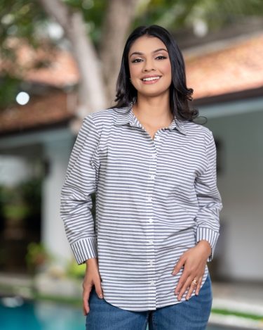 Long Sleeve Stripe Shirt Blouse With Back V Open Detail