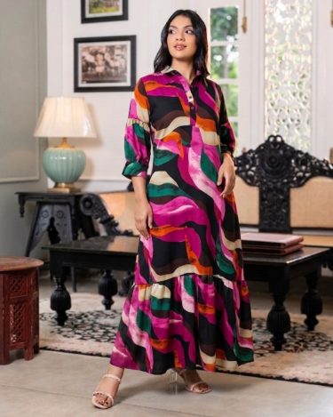 Abstract Patterned Collared Maxi Tier Dress