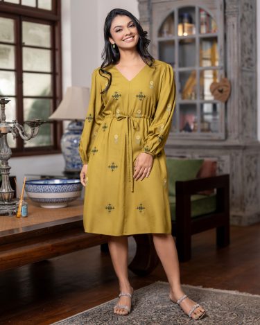 Front Ruched Medina Motif Embroidered Short Dress