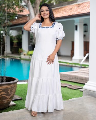 Square-Neck Tiered Maxi Dress with Geometric Embroidery