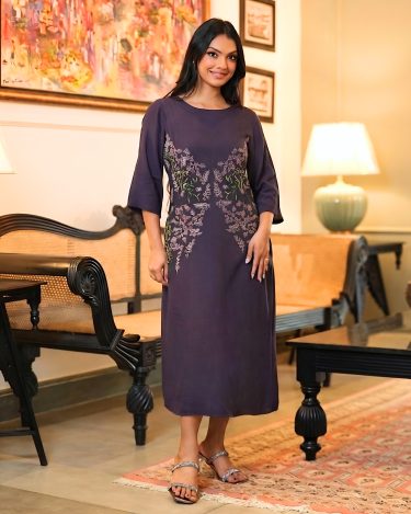 Boat Neck Floral Embroidered Midi Dress