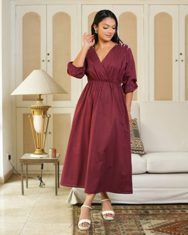 Emboridered Top Crossover Midi Dress