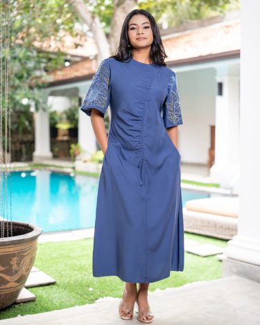Slate Iris Asymmetrical Ruched Midi Dress