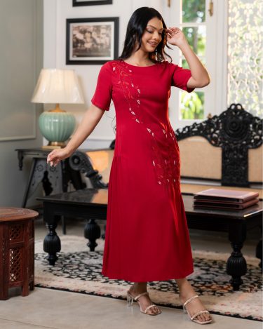 Embroidered Gather Detail Midi Dress