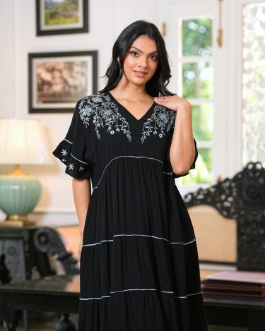 Embroidered V Neck Short Ruffled Hem Dress