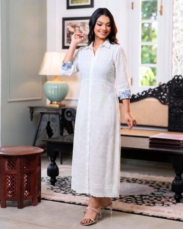 Embroidered Scallop Hem Maxi Shirt Dress