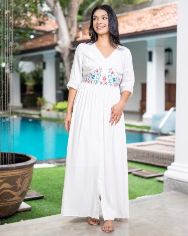 Floral Embroidered Empire-Waist Maxi Dress