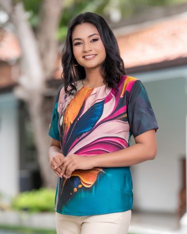 Satin Short Sleeve Blouse with Abstract Feather