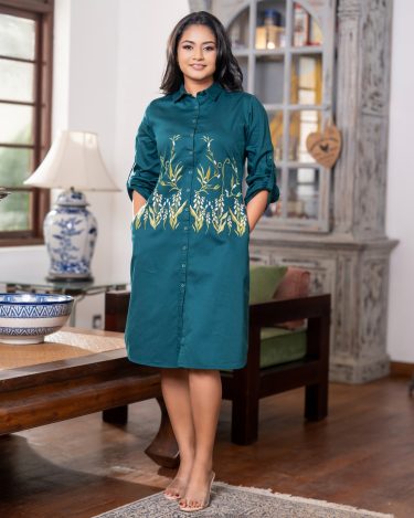 Teal Botanical Roll-Sleeve Embroidered Short Shirt Dress
