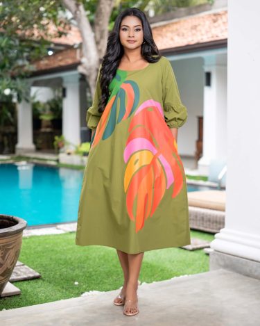 Colourblock Leaf Print Puff Sleeve Midi Dress