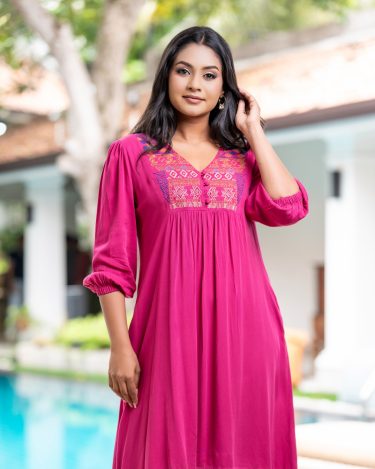 Front Gather Detailed Embroidery Short Dress