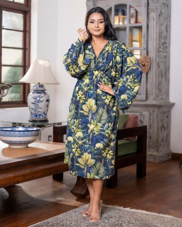 Drape Sleeve Botanical Patterned Midi Dress