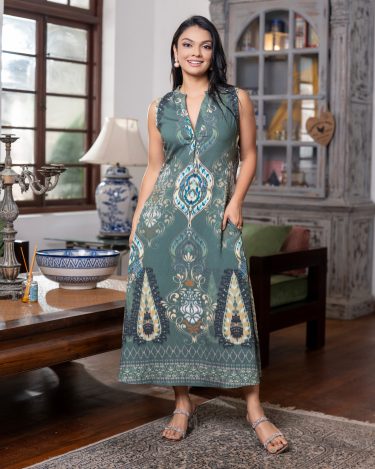 Sleeveless Mandarin-Collar V-Neck Maxi Dress