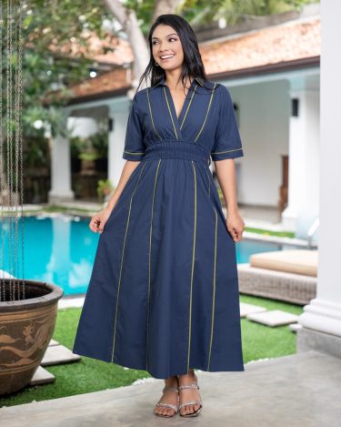 Piping Detailed V-Neck Shirred Waist Midi Dress