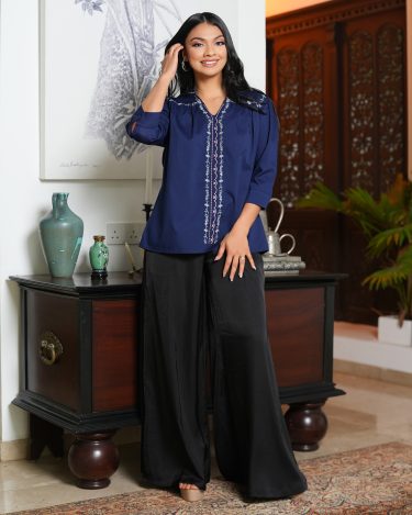 Embroidered Mandarine Collored Tunic Blouse