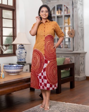 Abstract Batik Detailed Midi Shirt Dress