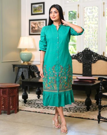 Buttton Down Midi Dress with Botanical Embroidered Flounce Hem