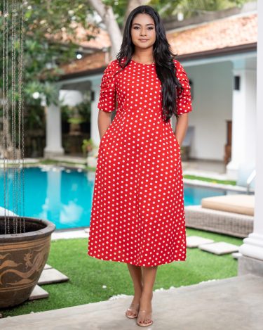 Pleated Sleeve Detailed Polka Dot Midi Dress