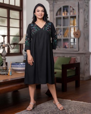 Midnight Botanical Embroidered Empire Waist Short Dress