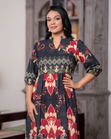 Border-Printed Empire Maxi Dress