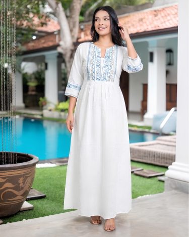 Yoke Embroidered Split-Neck Gathered Maxi Dress