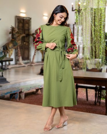 The Crimson Bloom Olive Appliqe Detailed Midi Dress