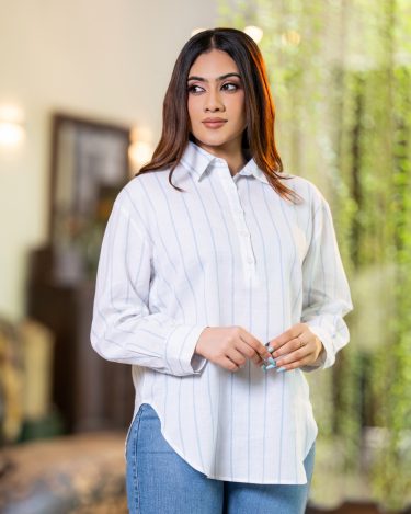 Stripe Full Open Long Sleeve Tunic Blouse
