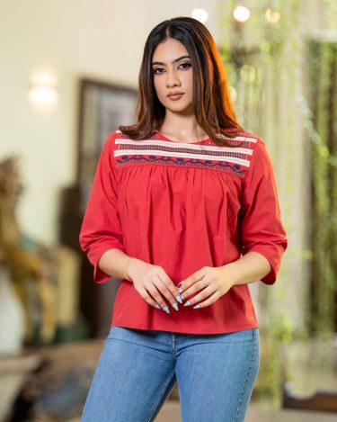 Geometric Embroidered Yoke Gathered Blouse
