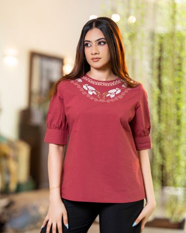 Crew Neck Embroidered With Gathered Elbow Sleeve Blouse