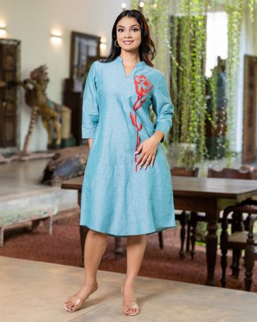 Split-Neck Short Shift Dress with Rose Embroidery