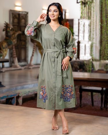The Tie-Waist Dropped-Sleeve Olive Shirt Midi Dress