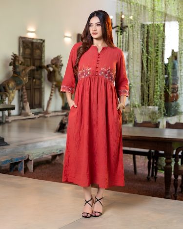 The Gathered Waist Poppy Fields Embroidered Midi Dress
