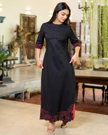 Elbow-Sleeve Midi Dress with Midnight Dahlia Embroidery