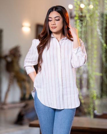 Stripe Full Open Linen Tunic Blouse