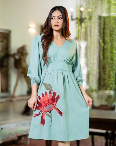 Under-Bust Gathered Short Dress with Placement Motif Flower