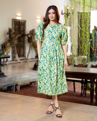 The Puff-Sleeve Pleated Waist Midi Dress