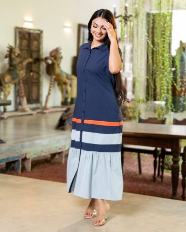 Color Blocked Maxi Shirt Dress with Gathered Tiered Hem