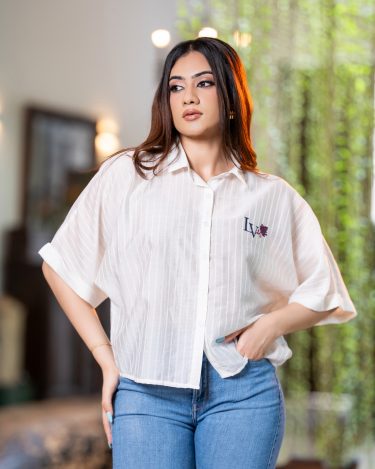 Monogram Chest Embroidered Button-Down Relaxed Crop Shirt