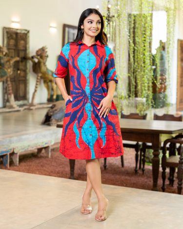 The Crimson Wave Batik Short Shirt Dress