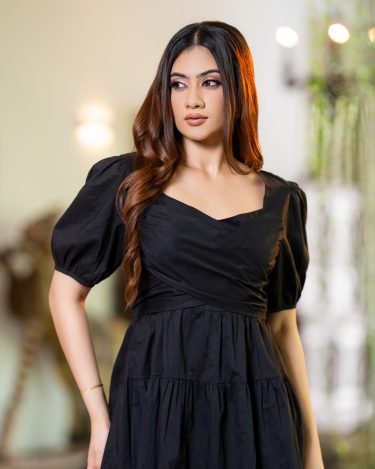 Crossover Sweetheart Puff Sleeve Short Dress