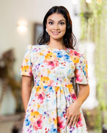 Short Floral Printed Puff Sleeve Gathered Waist Dress