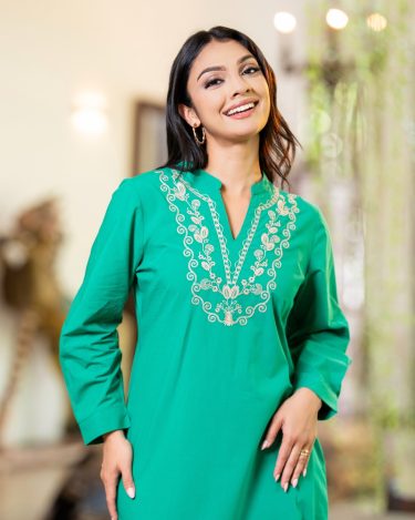 Royal Jade Embroidered Split-Neck Midi Dress